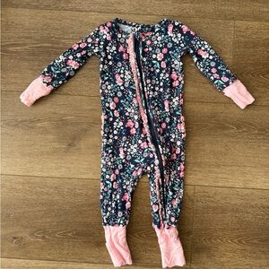 Ruffle Butts Floral Footie - Navy and Pink